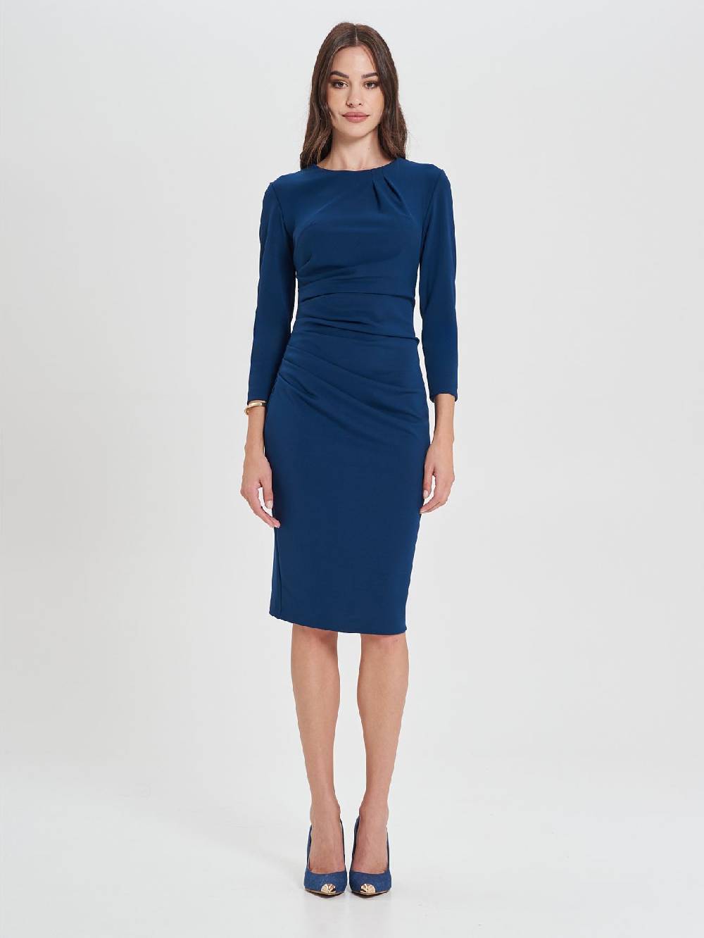 Rinascimento Tubino Drappeggiato Blu a Maniche Lunghe Fino al 50% di sconto