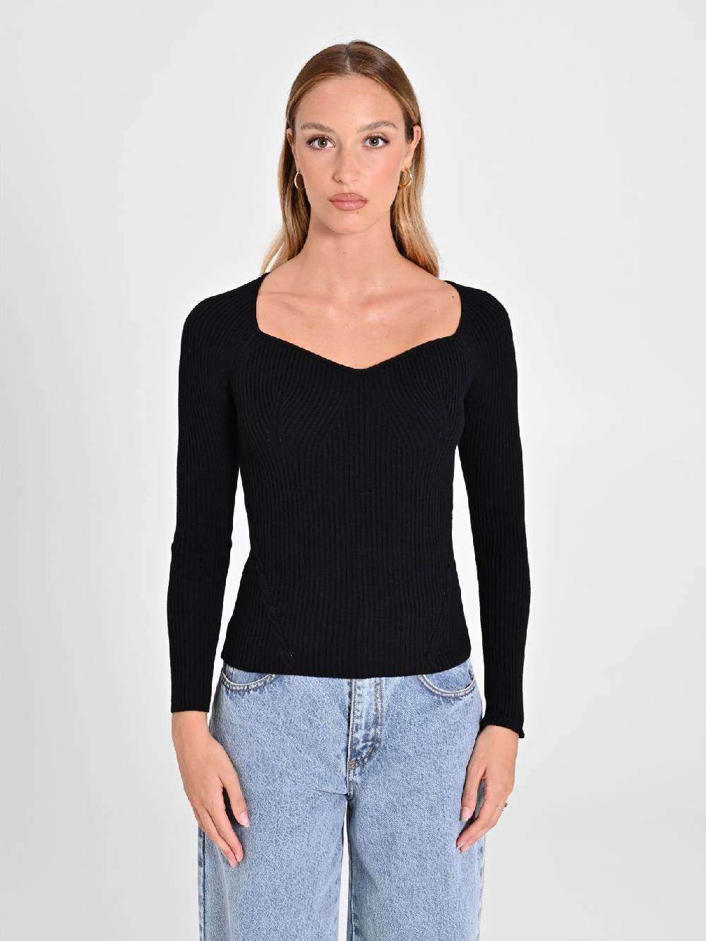 Rinascimento Maglia Nera con Scollo a Cuore Black Friday Prezzi