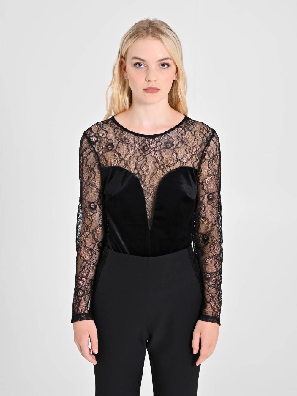 Rinascimento Body in Pizzo e Velluto Nero Outlet