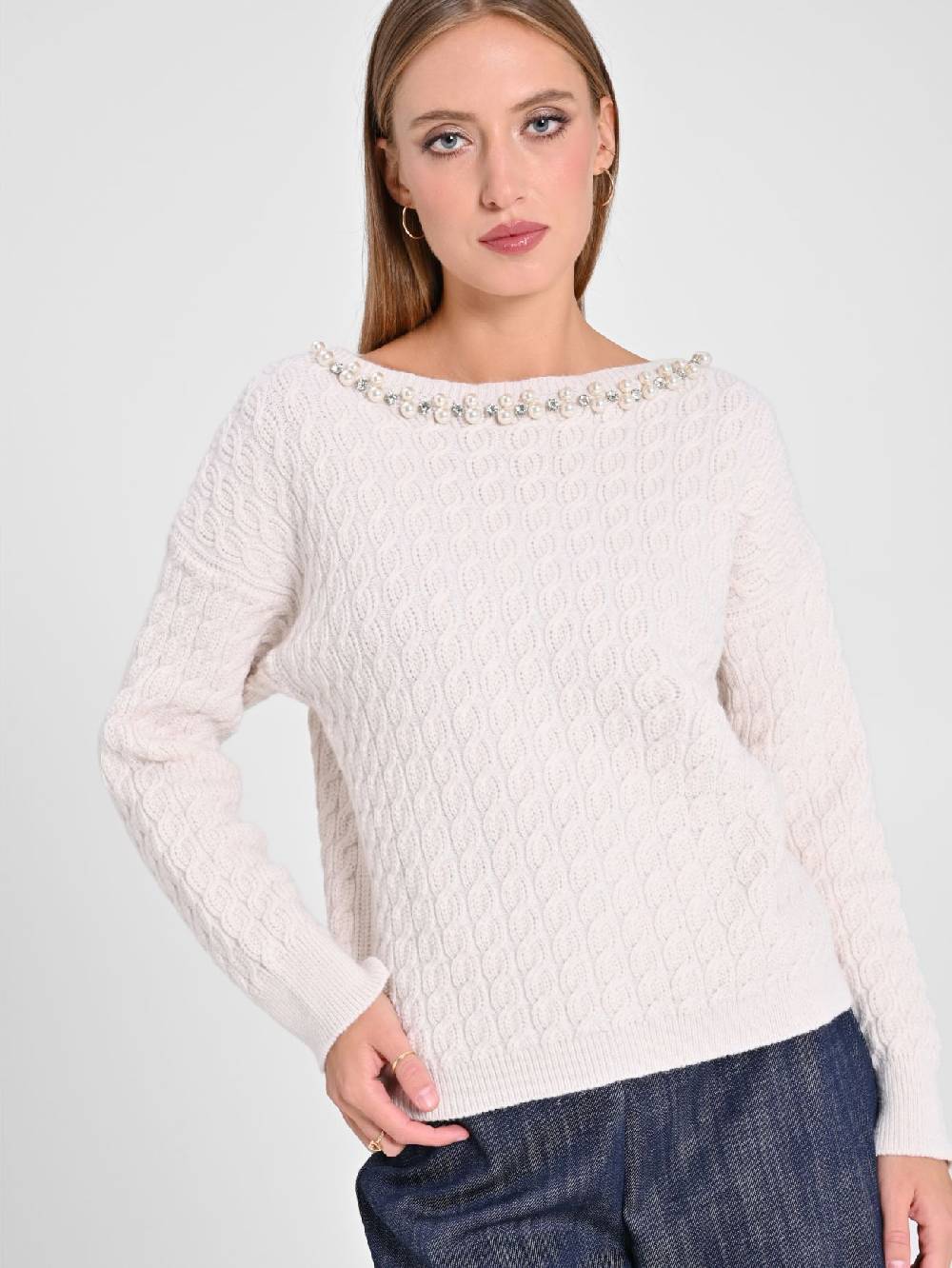 Rinascimento Maglione Bianco scollo Perle Prezzo di fabbrica