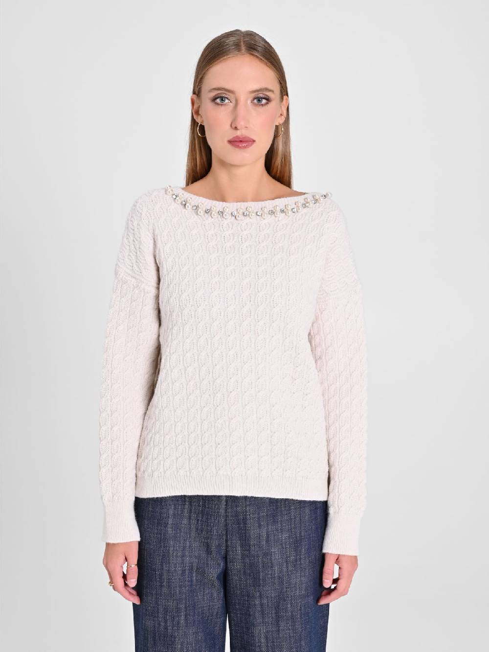 Rinascimento Maglione Bianco scollo Perle Prezzo di fabbrica