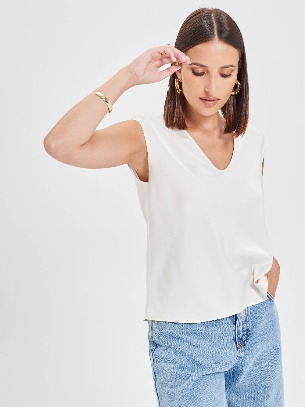 Rinascimento Blusa in Raso Bianco Avorio Presa