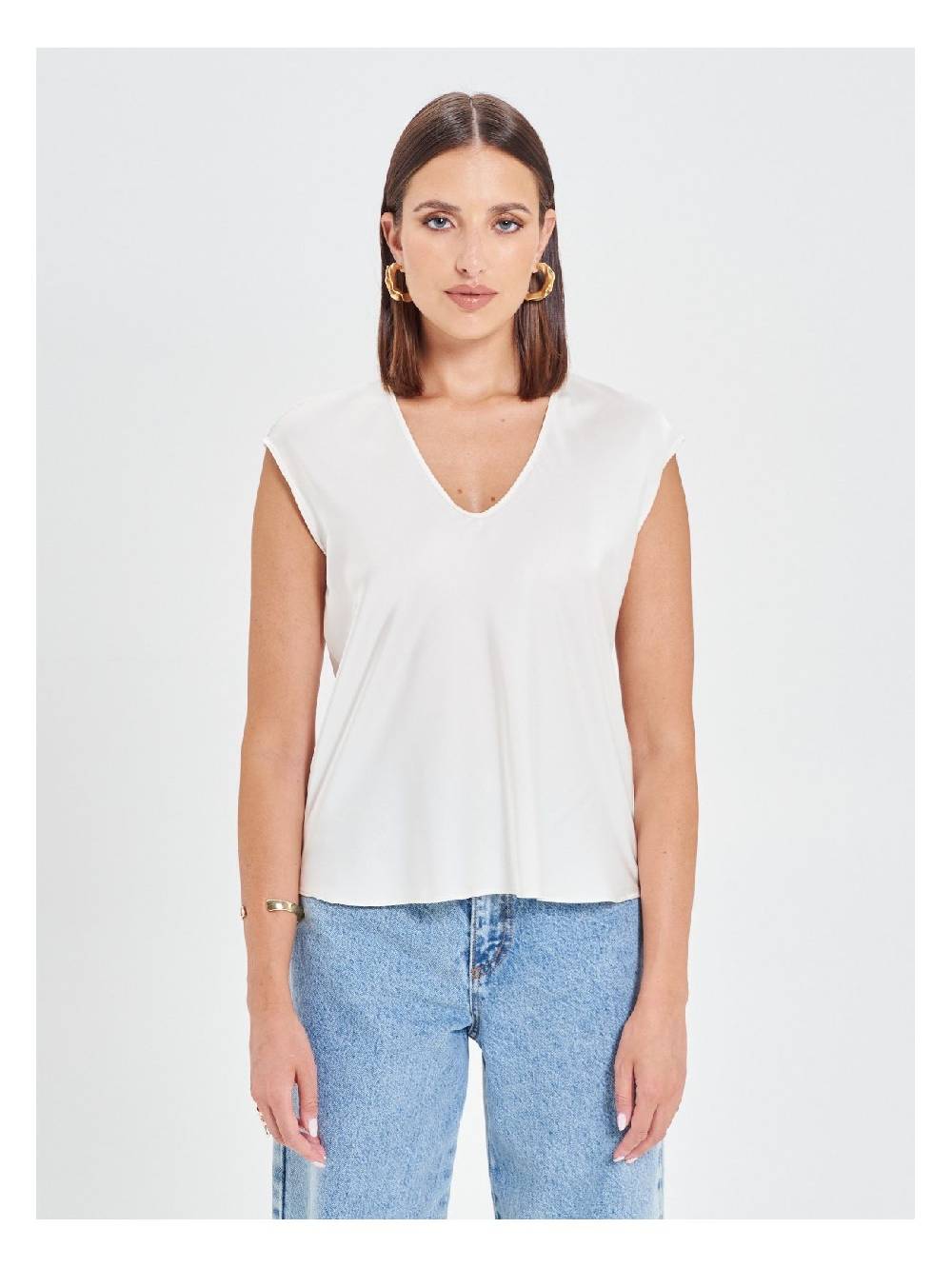 Rinascimento Blusa in Raso Bianco Avorio Presa