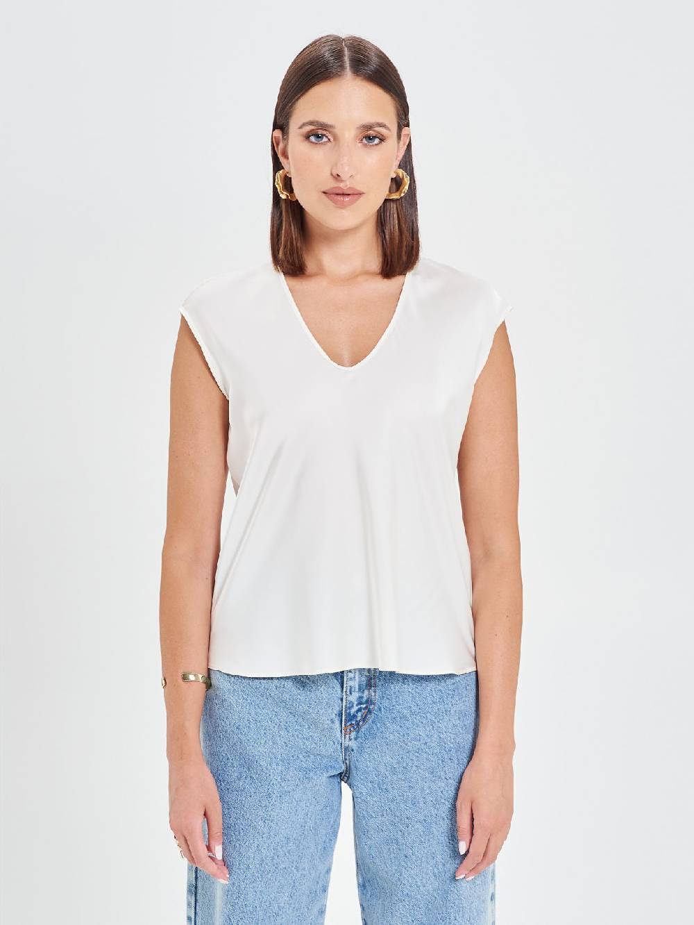 Rinascimento Blusa in Raso Bianco Avorio Presa