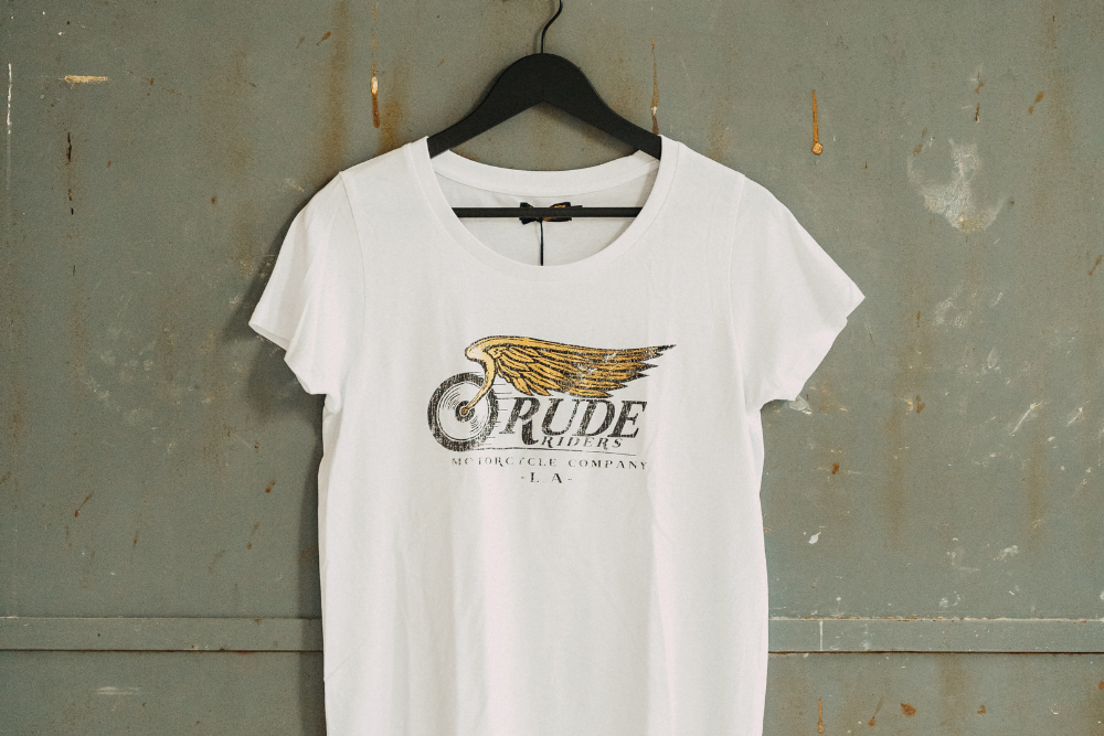 Rude Riders T-Shirt Donna Flying Wheel Bianca Pezzi Unici