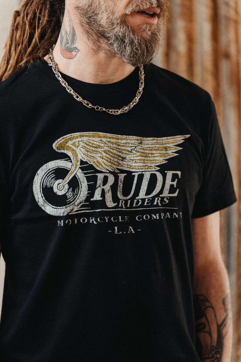 Rude Riders T-Shirt Uomo Flying Wheel Nera Nuova