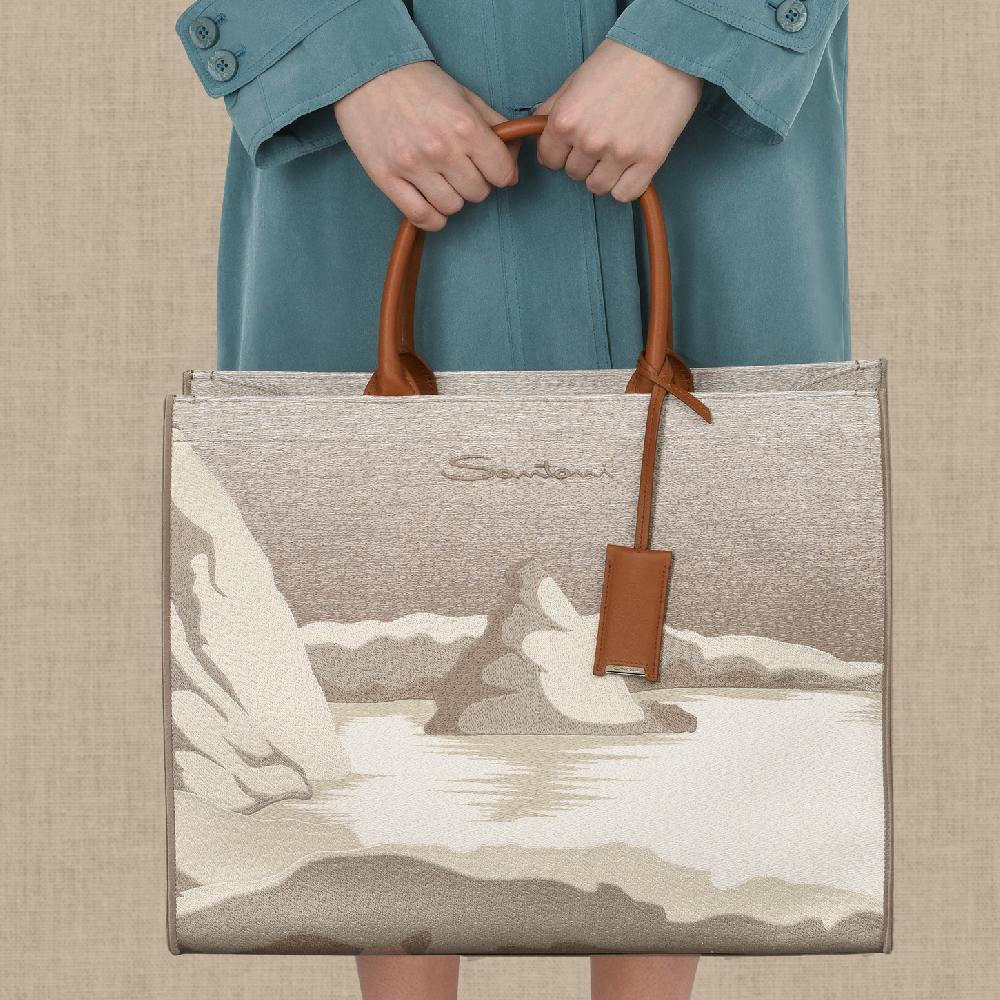 Santoni Shopping bag in tessuto beige In Vendita