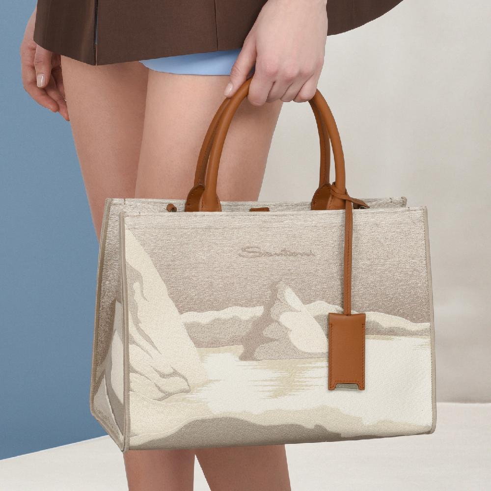 Santoni Borsa tote media in tessuto beige Saldi