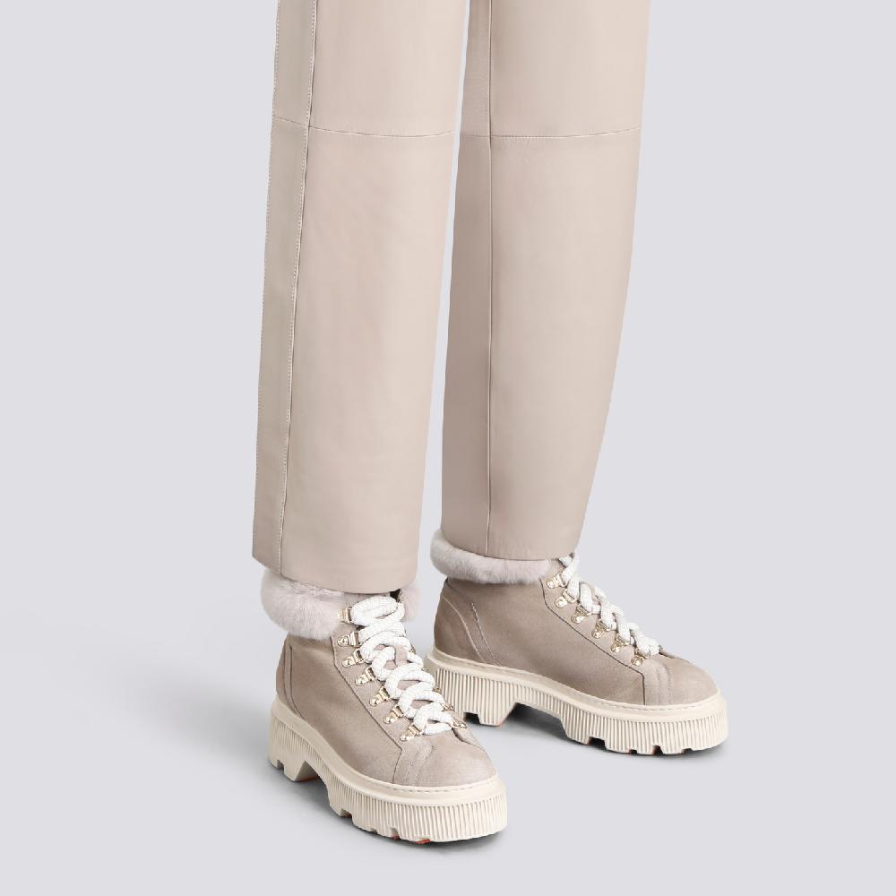 Santoni Scarponcino da montagna con pelliccia da donna in suede tortora Vendita Calda