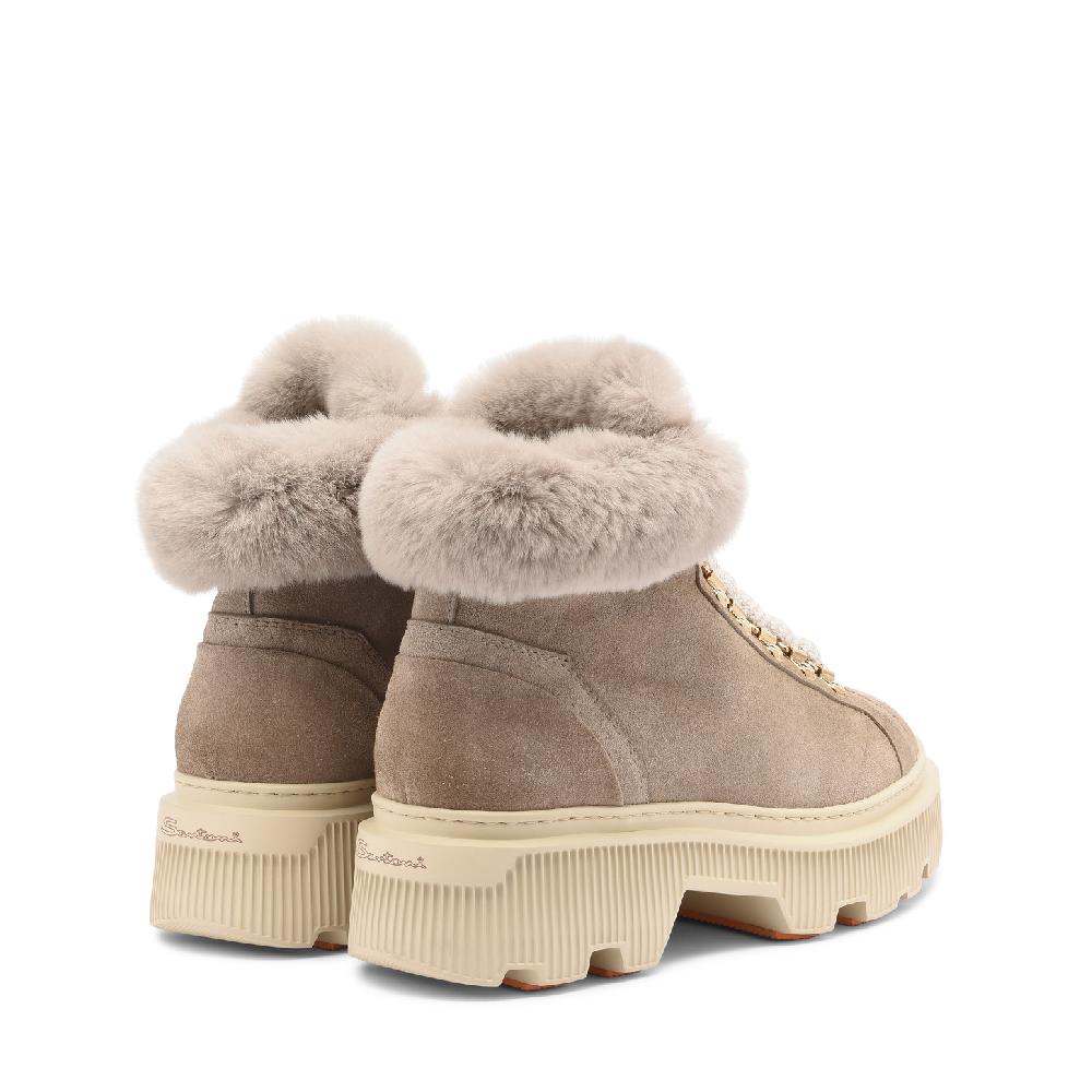 Santoni Scarponcino da montagna con pelliccia da donna in suede tortora Vendita Calda