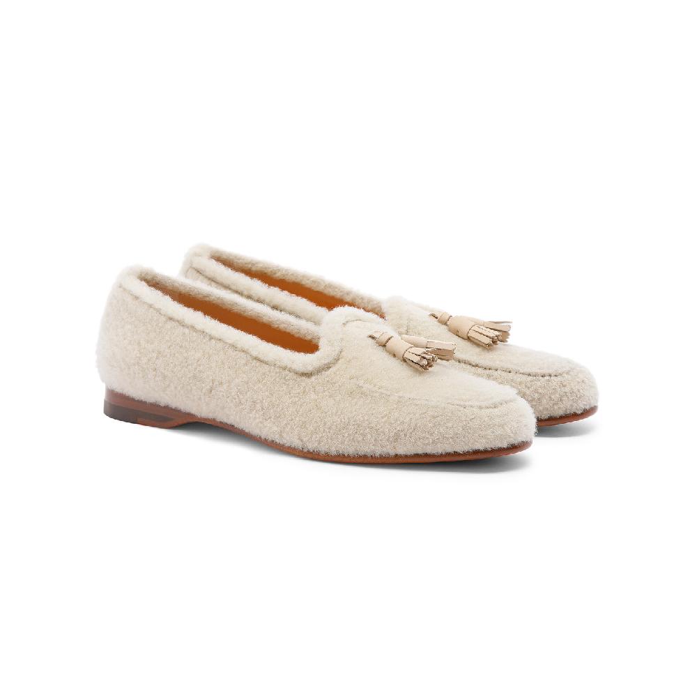 Santoni Mocassino Andrea con nappe da donna in pelliccia beige In Saldo