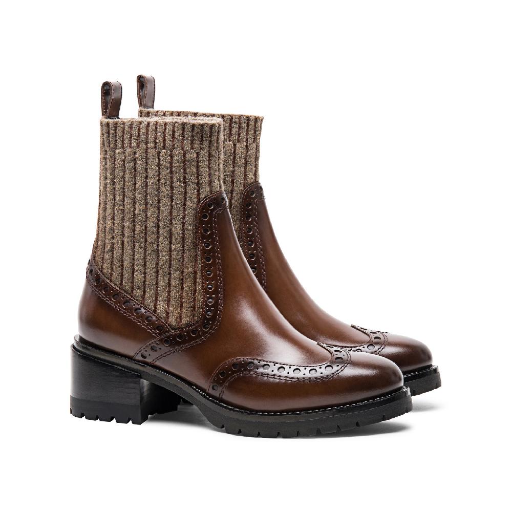 Santoni Stivaletto tacco basso brogue con calzino da donna in pelle marrone Vendita Calda