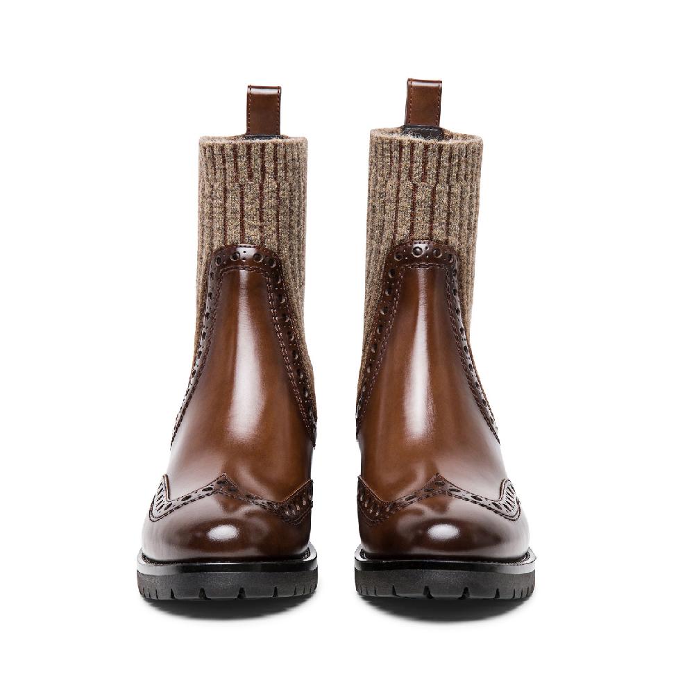 Santoni Stivaletto tacco basso brogue con calzino da donna in pelle marrone Vendita Calda