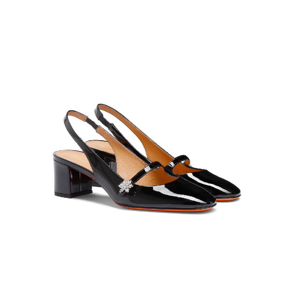Santoni Slingback tacco basso da donna in vernice nera Saldi Di Fabbrica