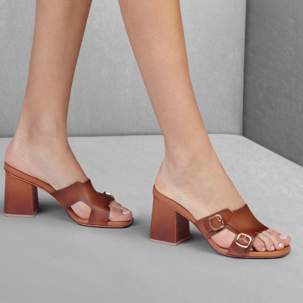 Santoni Sandalo doppia fibbia tacco medio da donna in pelle marrone In Saldo
