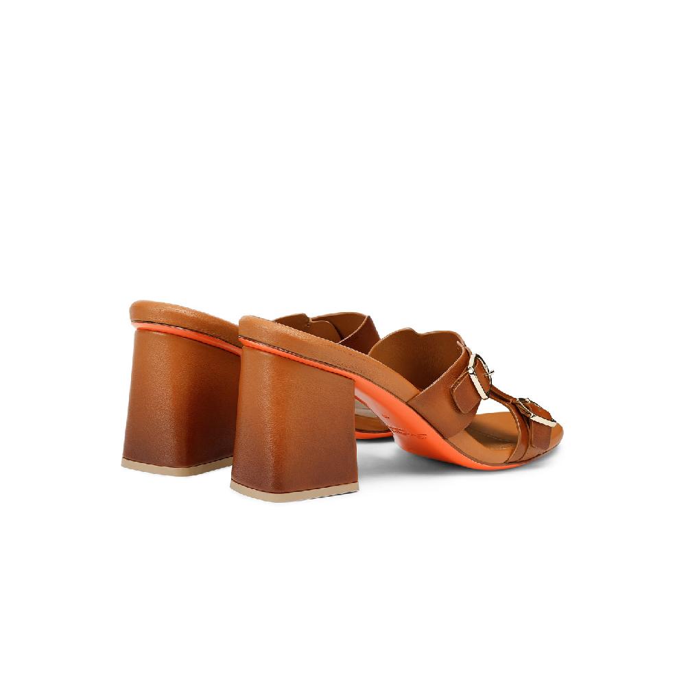 Santoni Sandalo doppia fibbia tacco medio da donna in pelle marrone In Saldo