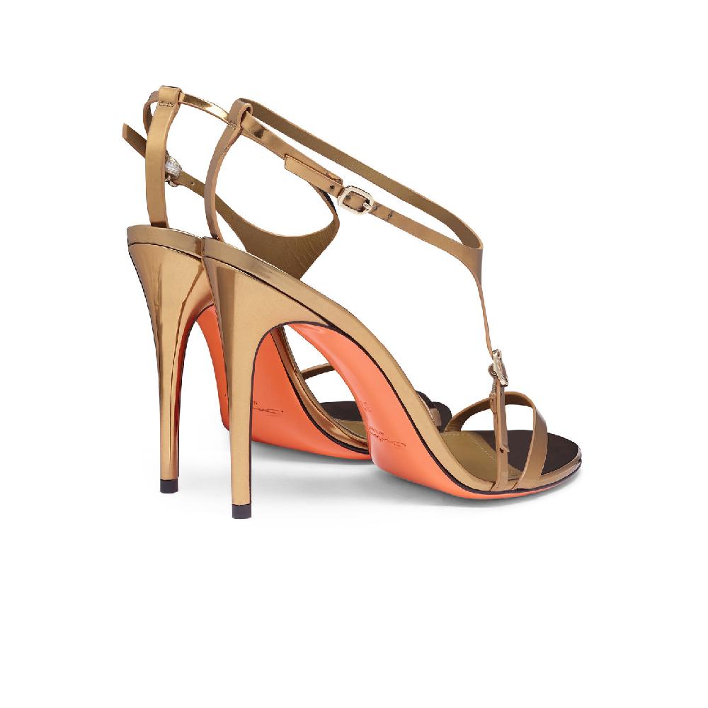 Santoni Sandalo tacco alto da donna in materiale specchiato oro Nuova