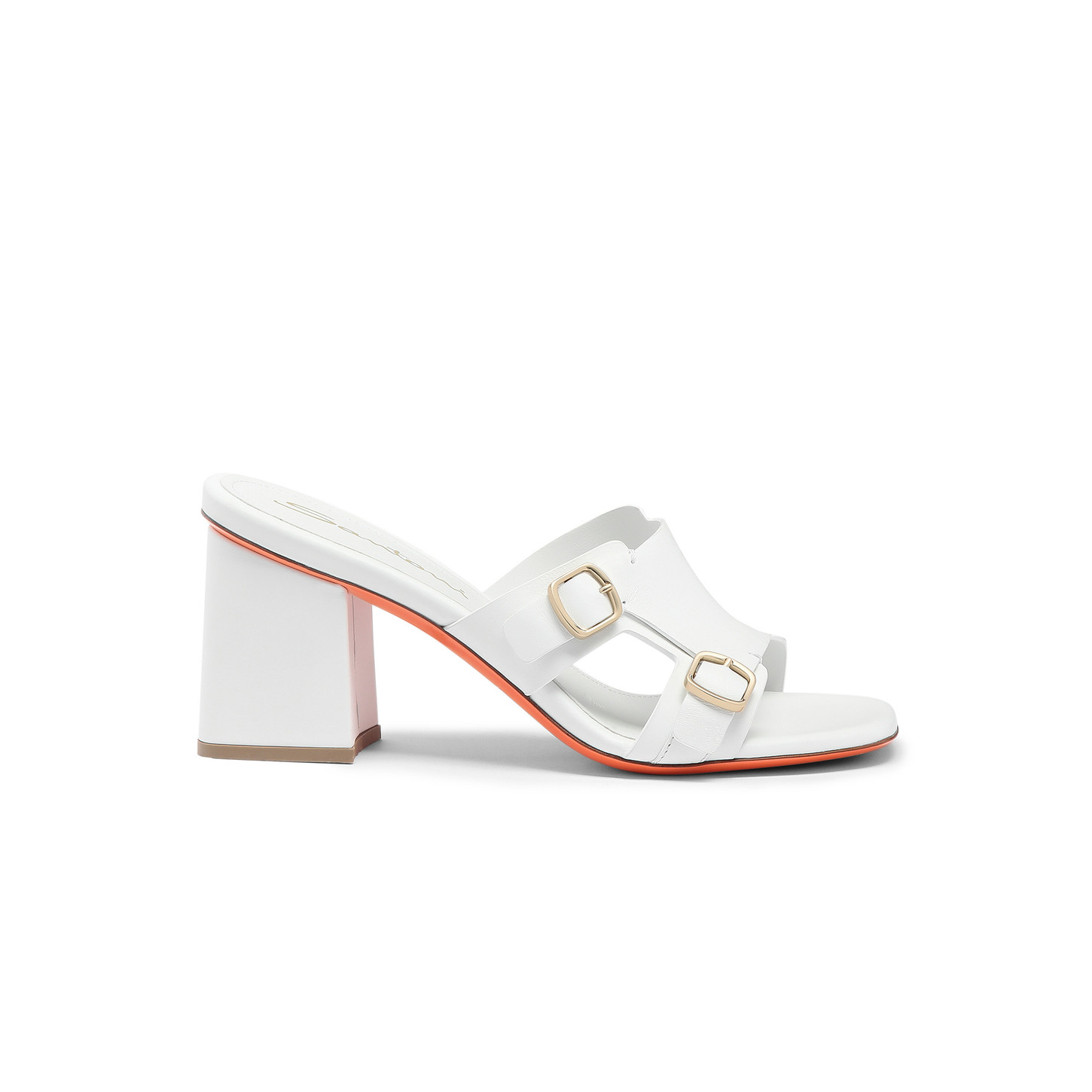 Santoni Sandalo doppia fibbia tacco medio da donna in pelle bianca