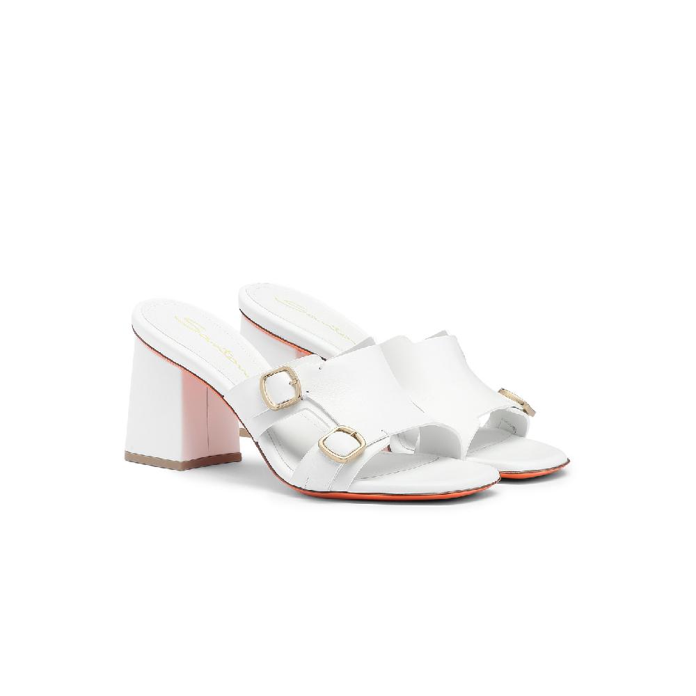 Santoni Sandalo doppia fibbia tacco medio da donna in pelle bianca Affare Del Giorno