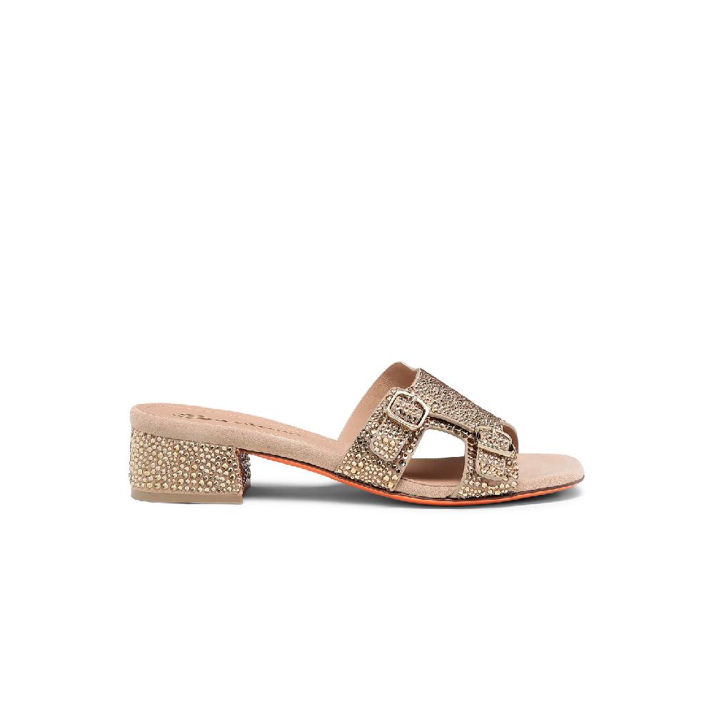 Santoni Sandalo Didi tacco basso da donna in suede e strass oro