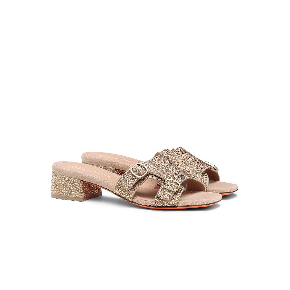Santoni Sandalo Didi tacco basso da donna in suede e strass oro Outlet