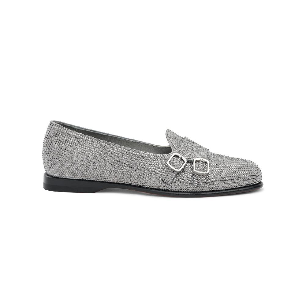 Santoni Mocassino Andrea doppia fibbia da donna in strass argento