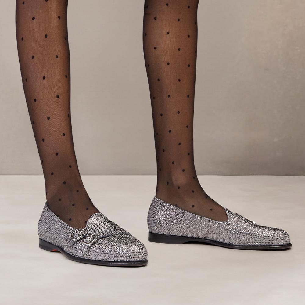 Santoni Mocassino Andrea doppia fibbia da donna in strass argento In Saldo