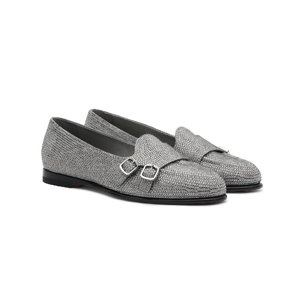 Santoni Mocassino Andrea doppia fibbia da donna in strass argento In Saldo