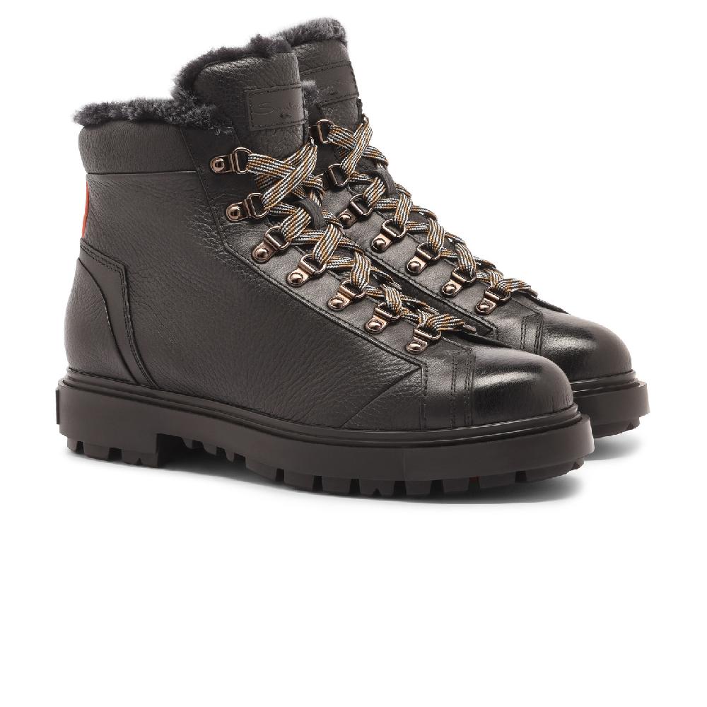 Santoni Scarponcino da montagna da uomo in pelle bottalata nera con pelliccia Shopping Online