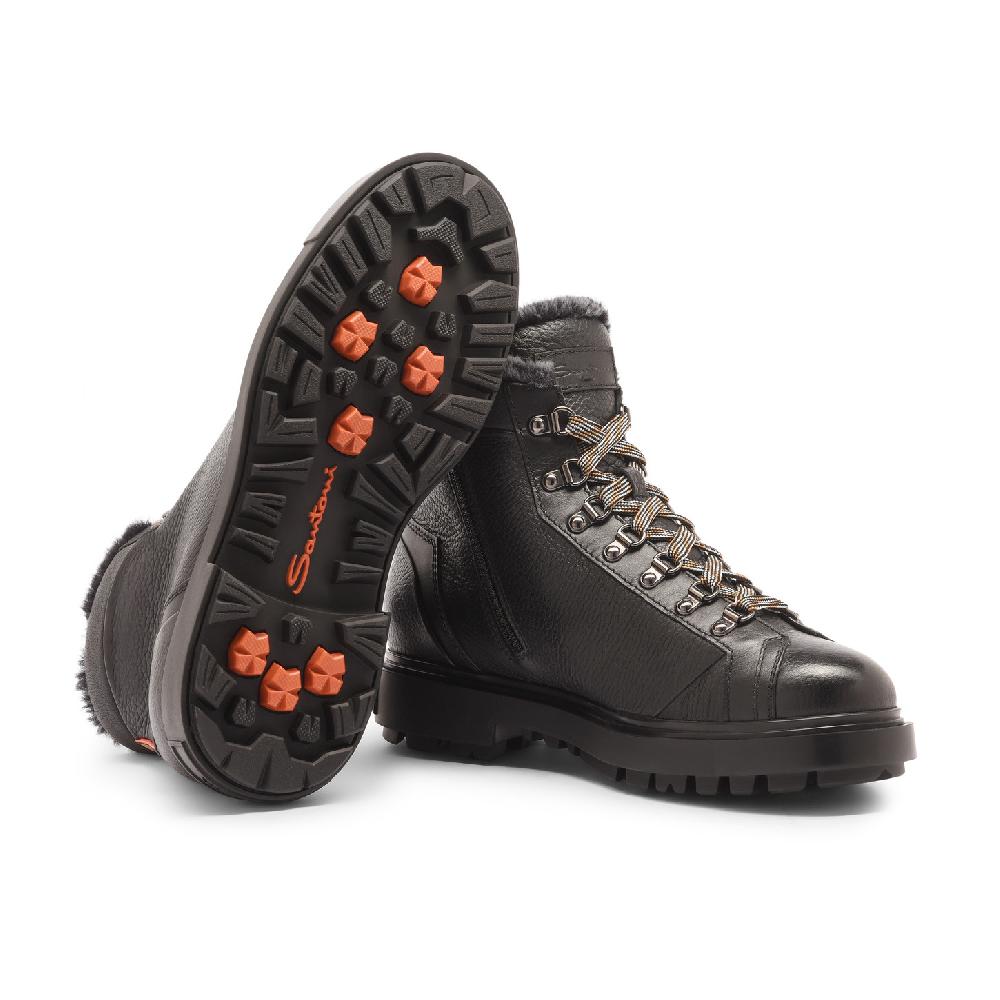 Santoni Scarponcino da montagna da uomo in pelle bottalata nera con pelliccia Shopping Online