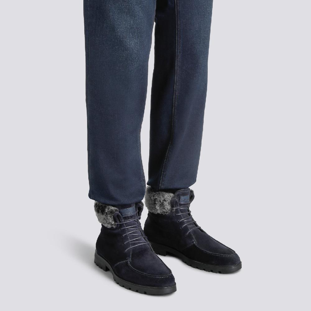 Santoni Stivaletto stringato con pelliccia da uomo in suede blu Prezzo Ridotto