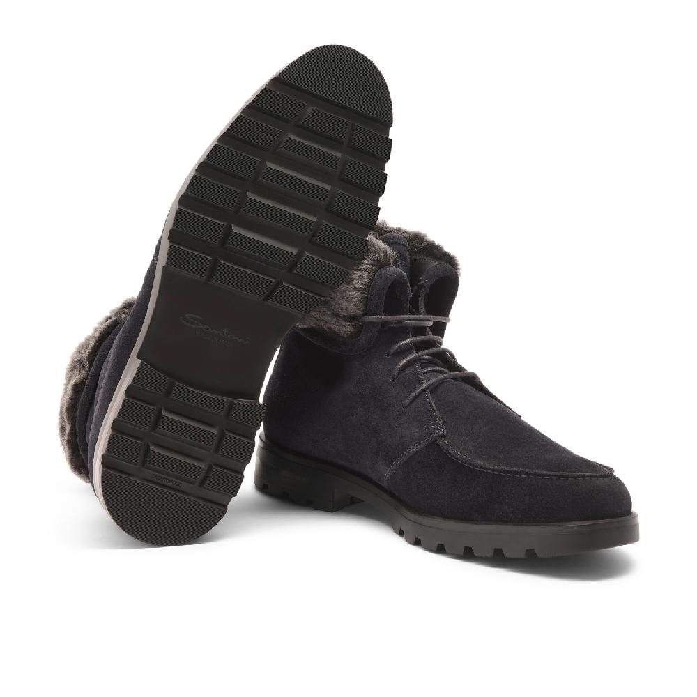 Santoni Stivaletto stringato con pelliccia da uomo in suede blu Prezzo Ridotto