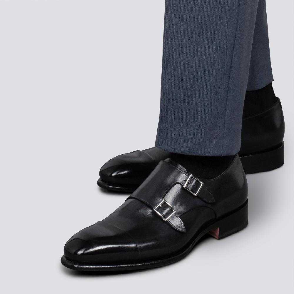 Santoni Doppia fibbia da uomo in pelle anticata blu Presa
