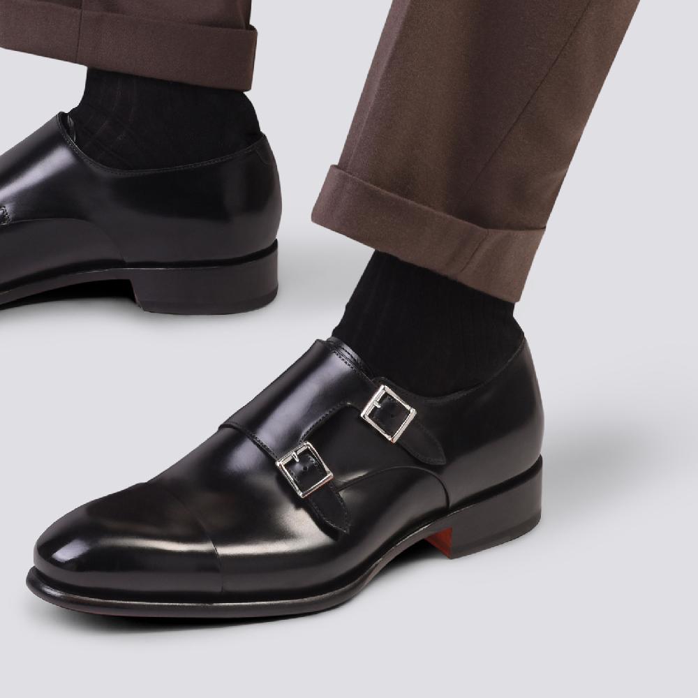 Santoni Doppia fibbia da uomo in pelle anticata nera Sconto