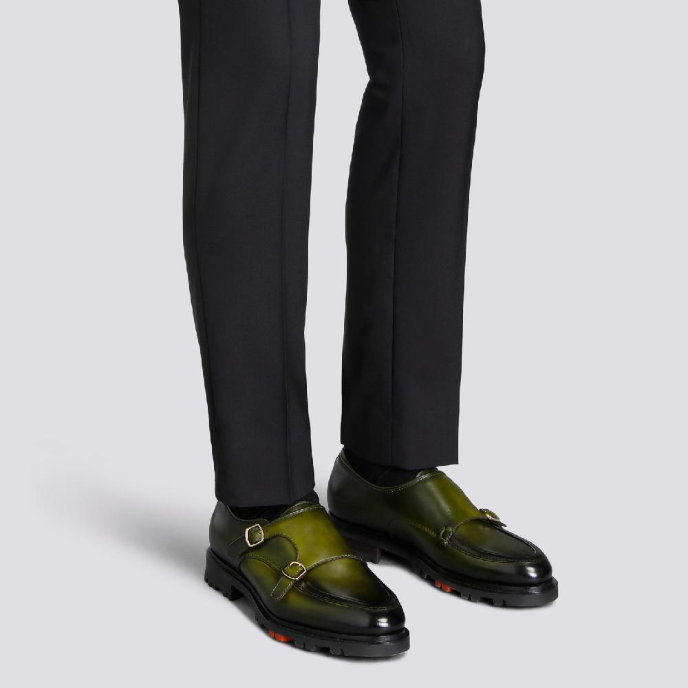 Santoni Doppia fibbia da uomo in pelle verde Economico