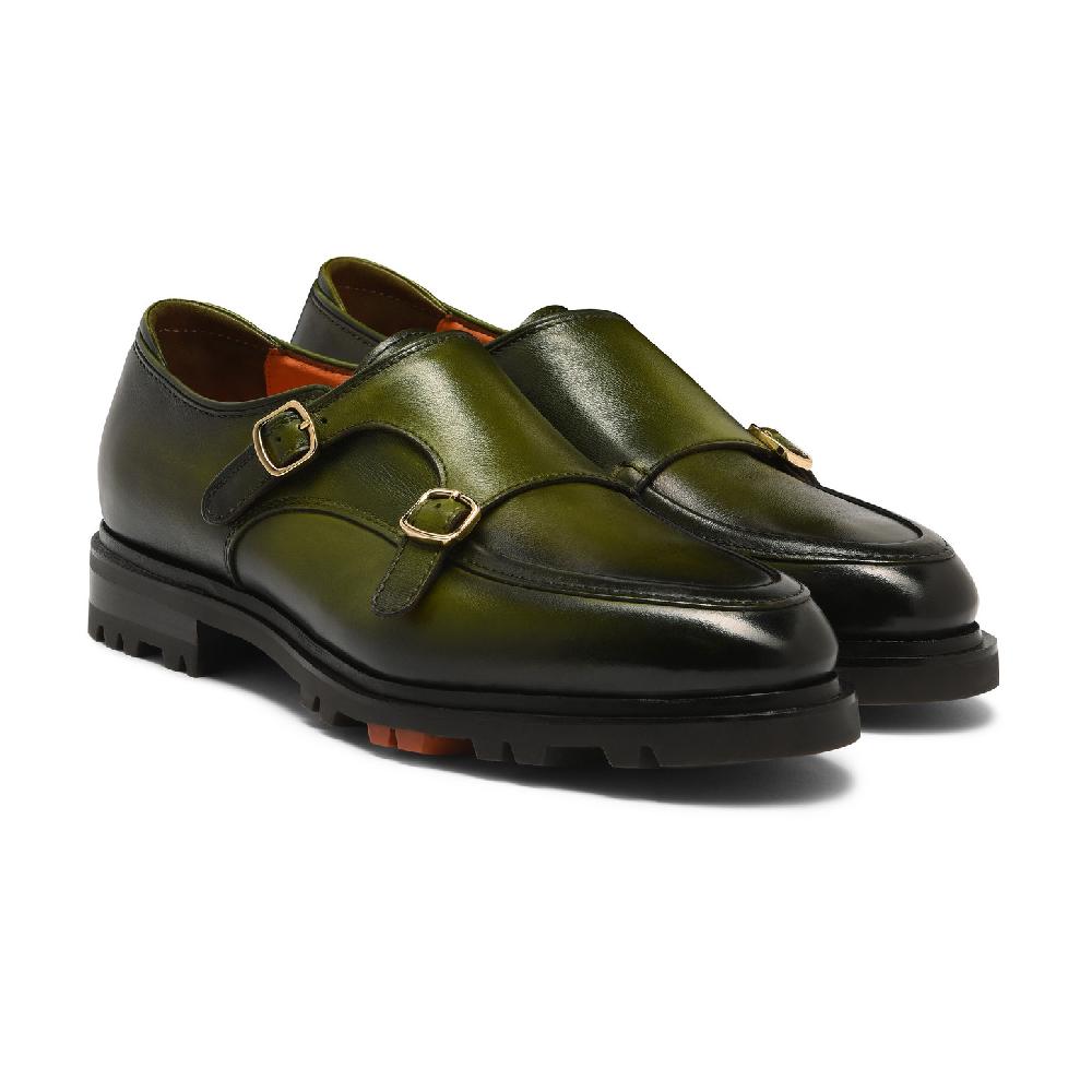 Santoni Doppia fibbia da uomo in pelle verde Economico