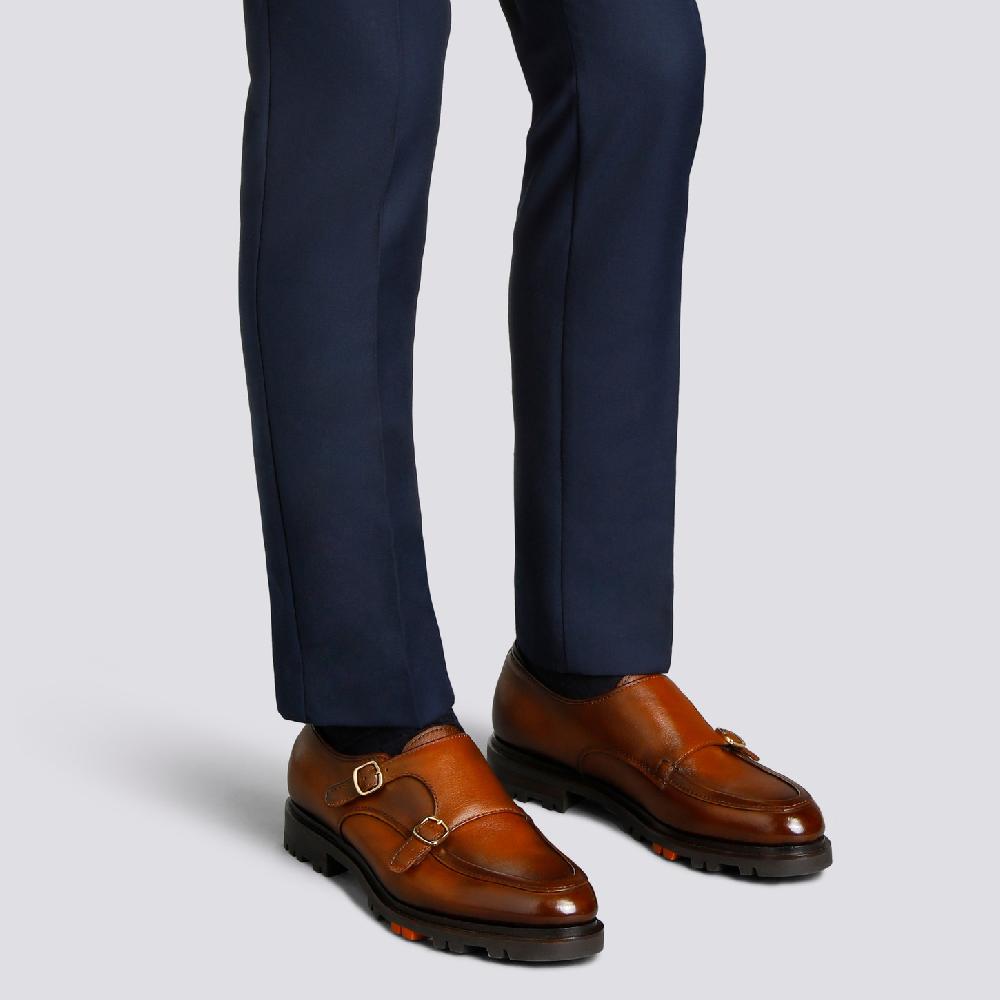 Santoni Doppia fibbia da uomo in pelle marrone Online