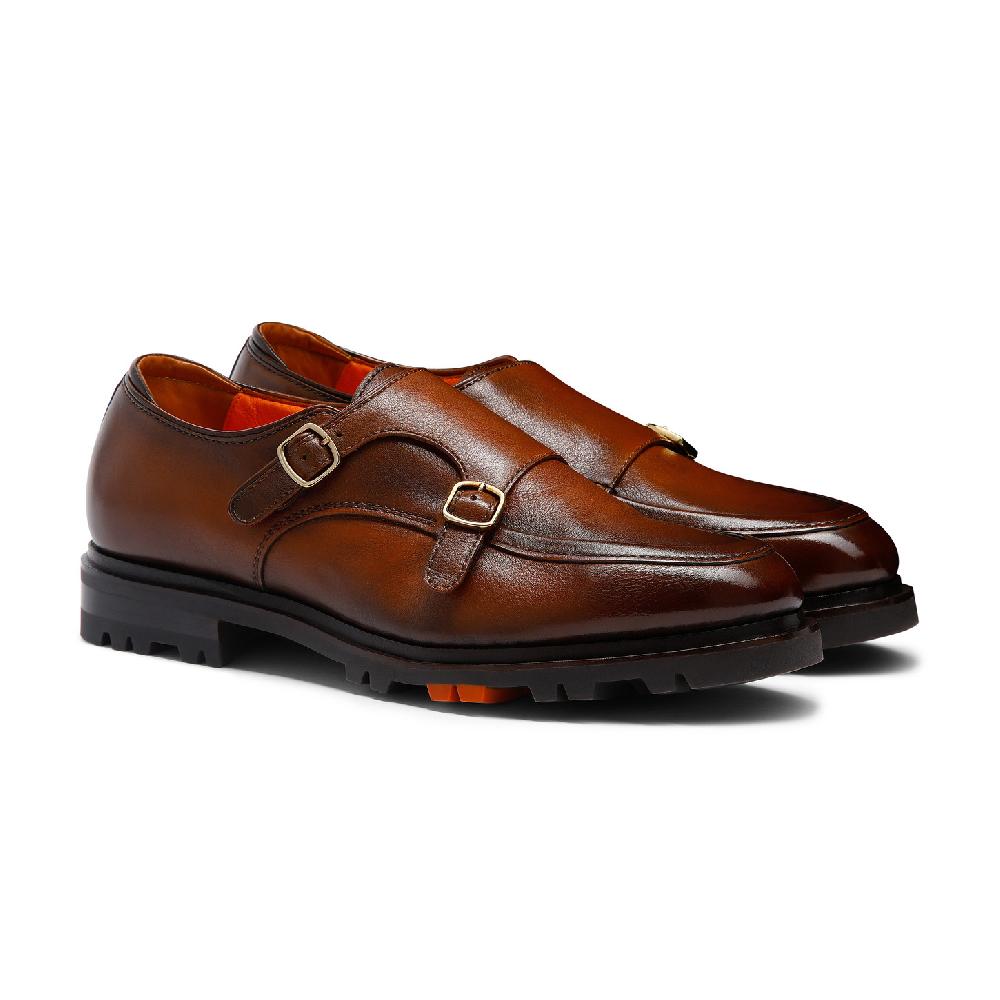 Santoni Doppia fibbia da uomo in pelle marrone Online