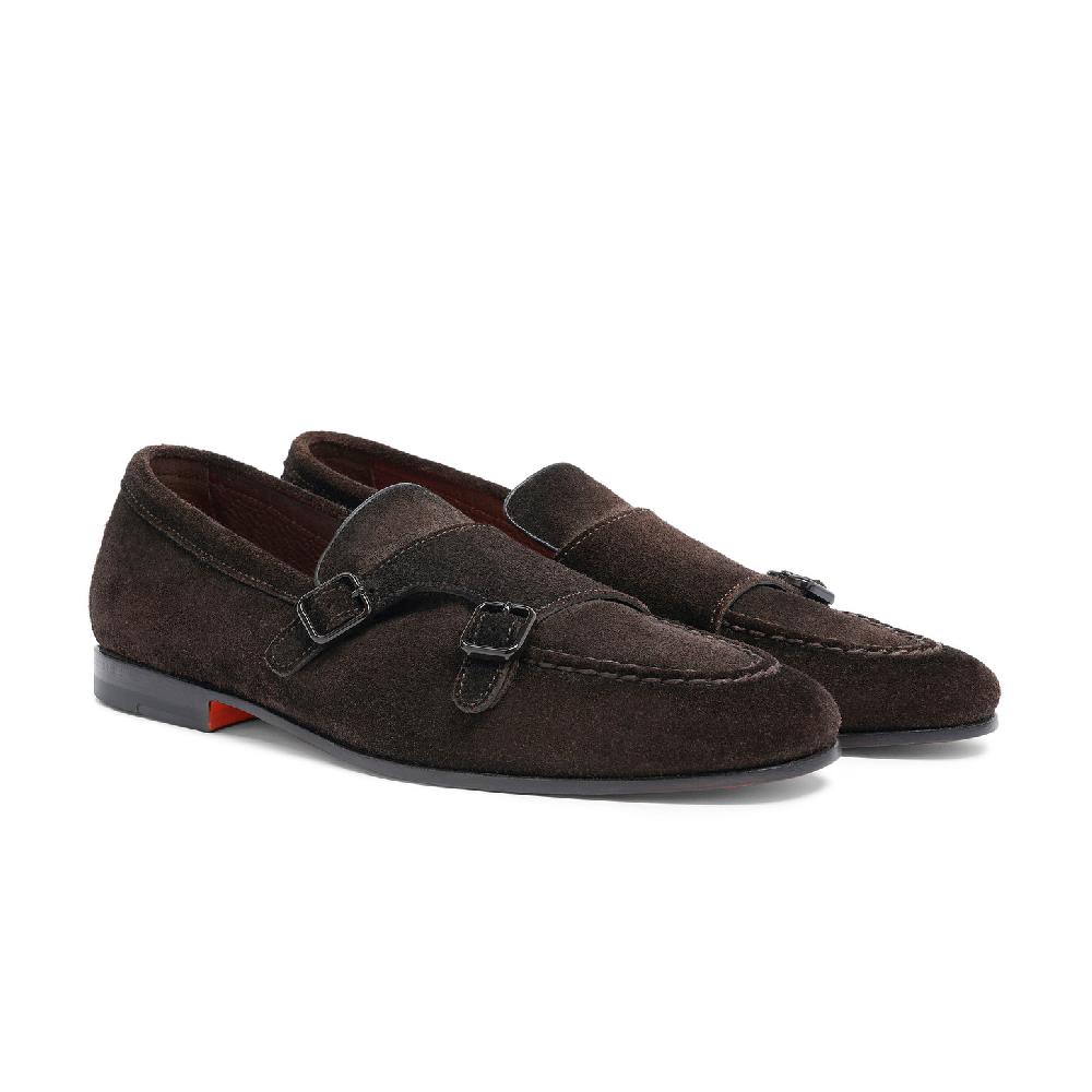 Santoni Mocassino doppia fibbia da uomo in suede testa di moro Promozione