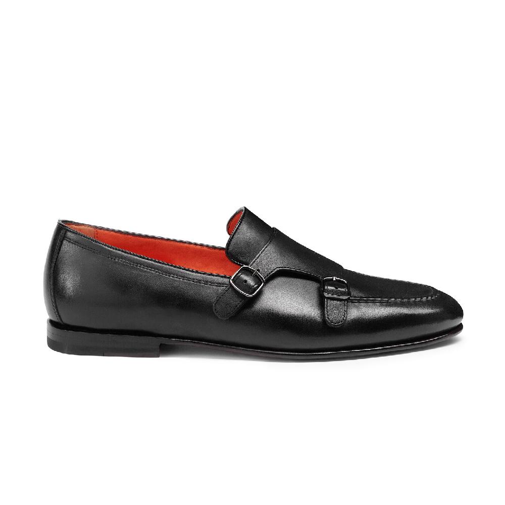 Santoni Mocassino con doppia fibbia da uomo in pelle anticata nera