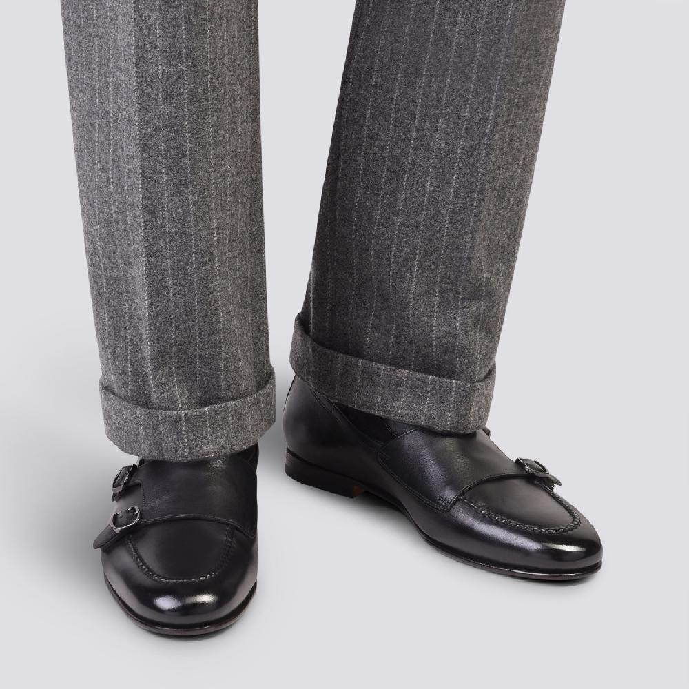 Santoni Mocassino con doppia fibbia da uomo in pelle anticata nera Spedizione Gratuita