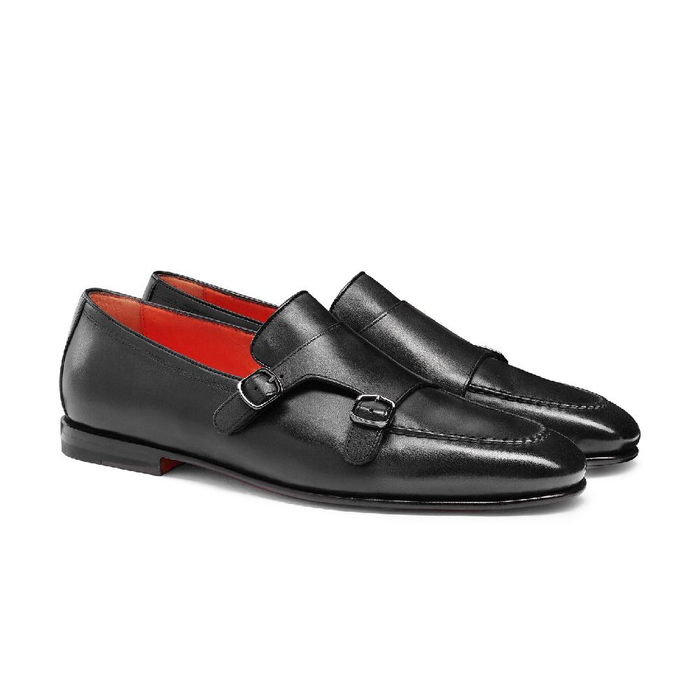 Santoni Mocassino con doppia fibbia da uomo in pelle anticata nera Spedizione Gratuita