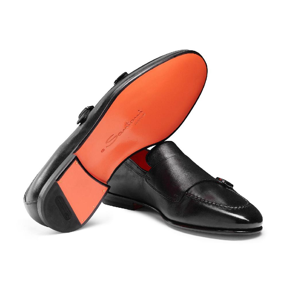 Santoni Mocassino con doppia fibbia da uomo in pelle anticata nera Spedizione Gratuita