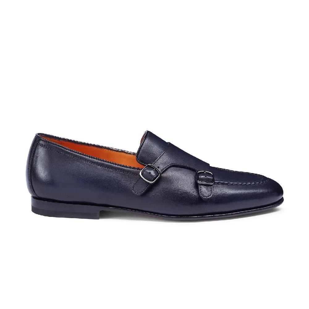Santoni Mocassino con doppia fibbia da uomo in pelle anticata blu