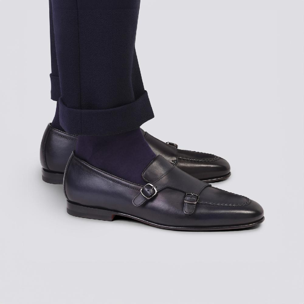 Santoni Mocassino con doppia fibbia da uomo in pelle anticata blu Pezzi Unici