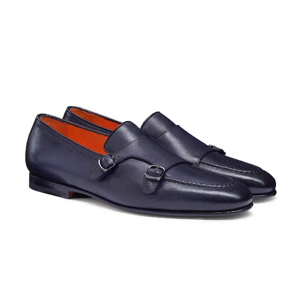 Santoni Mocassino con doppia fibbia da uomo in pelle anticata blu Pezzi Unici