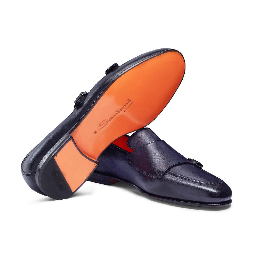 Santoni Mocassino con doppia fibbia da uomo in pelle anticata blu Pezzi Unici