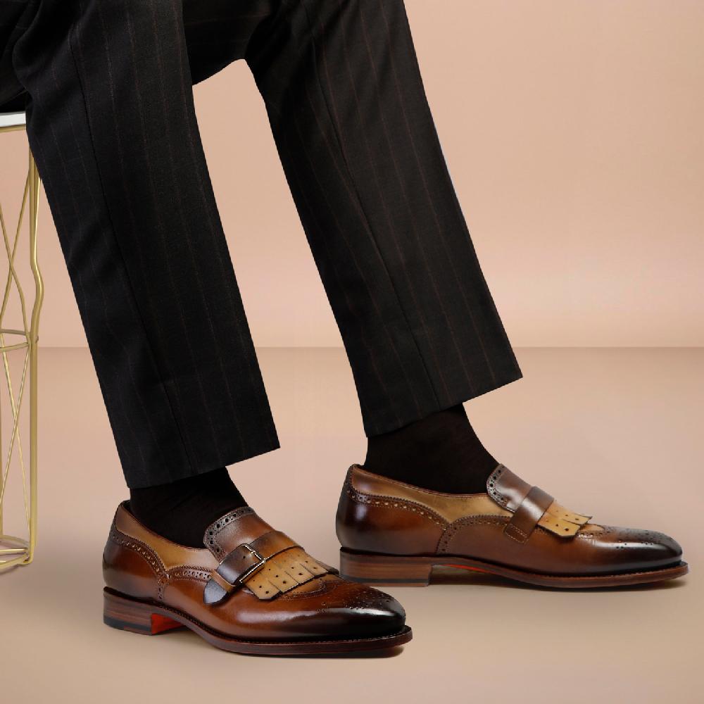 Santoni Mocassino mono fibbia con frangia da uomo in pelle marrone Sottocosto