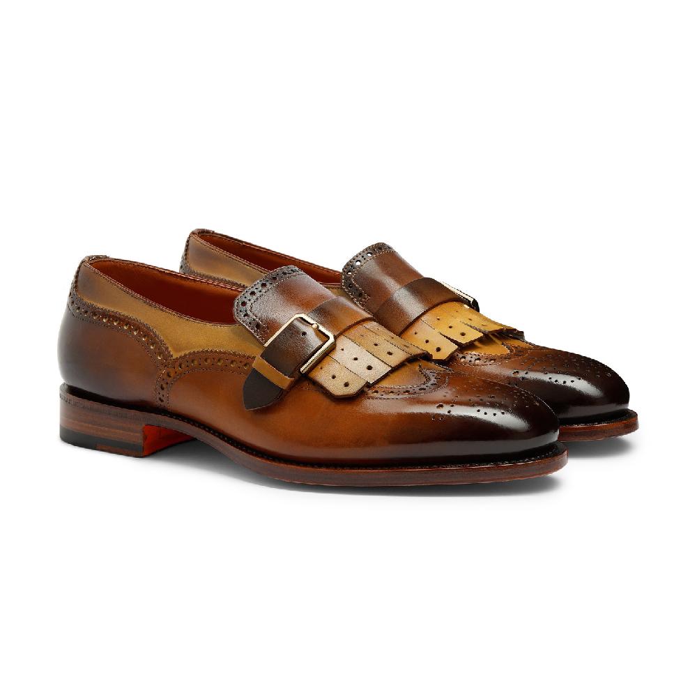 Santoni Mocassino mono fibbia con frangia da uomo in pelle marrone Sottocosto