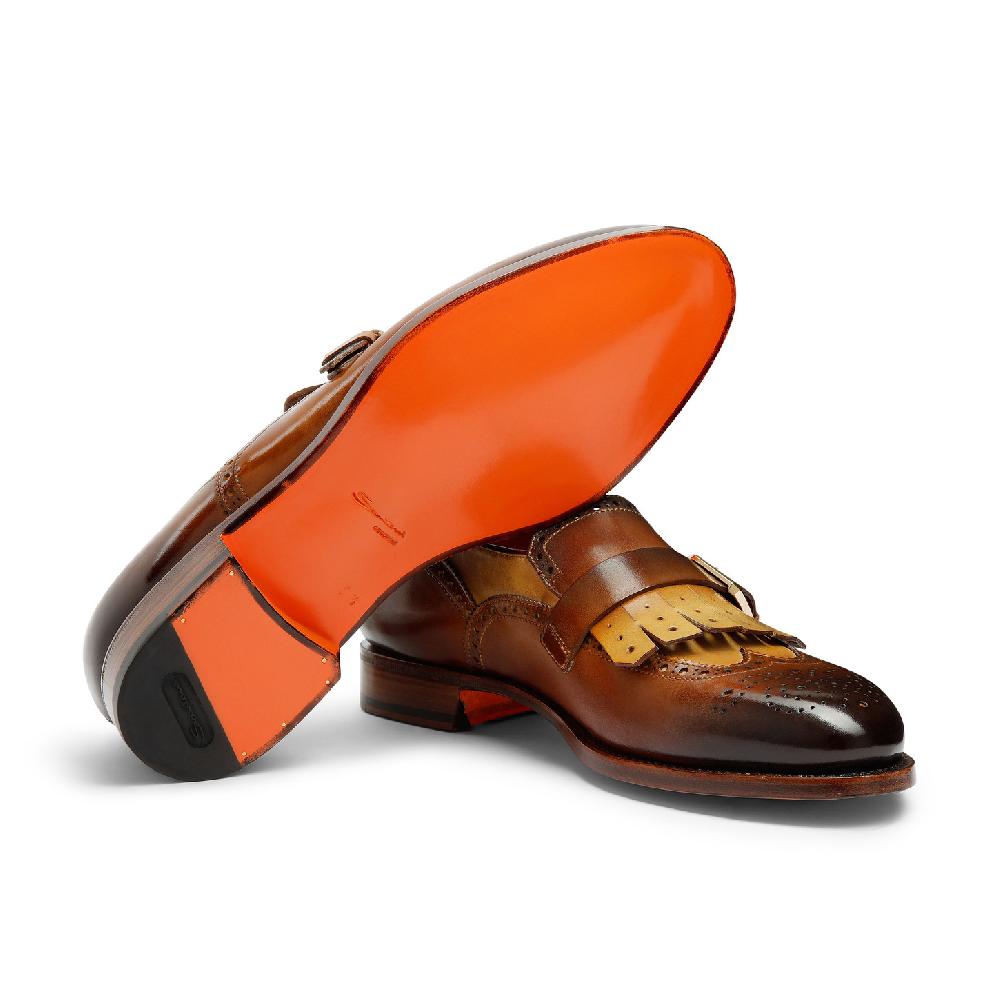 Santoni Mocassino mono fibbia con frangia da uomo in pelle marrone Sottocosto